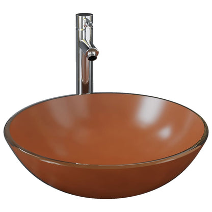 Bathroom Sink with Tap and Push Drain Brown Tempered Glass - OLBRIT