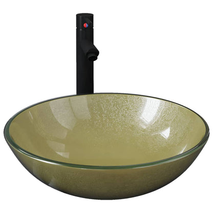 Bathroom Sink with Tap and Push Drain Gold Tempered Glass - OLBRIT