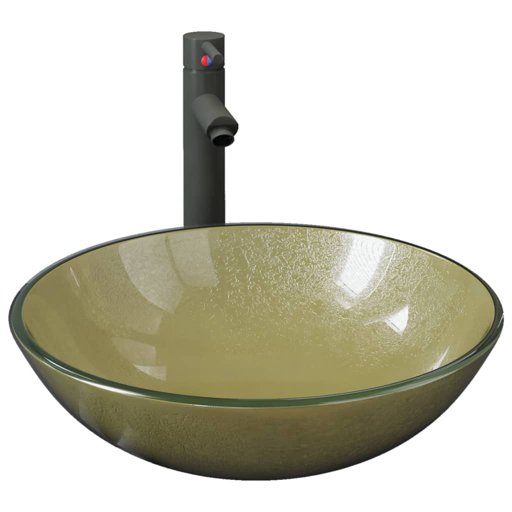 Bathroom Sink with Tap and Push Drain Gold Tempered Glass - OLBRIT