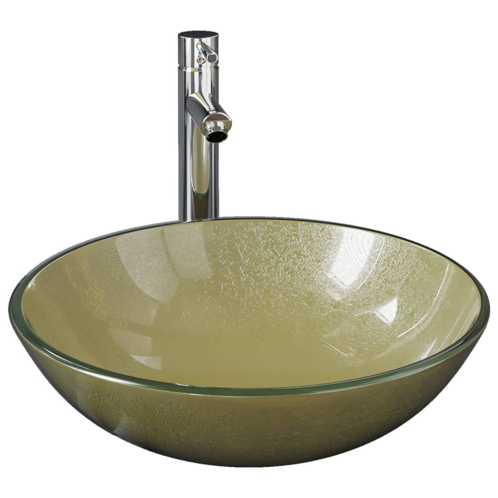 Bathroom Sink with Tap and Push Drain Gold Tempered Glass - OLBRIT