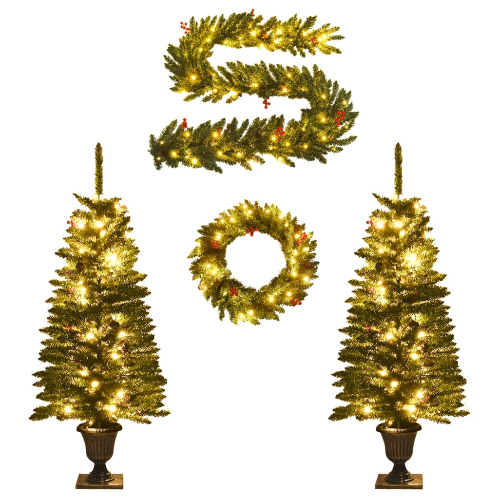 Artificial Christmas Trees 2 pcs with Wreath Garland and LEDs - OLBRIT