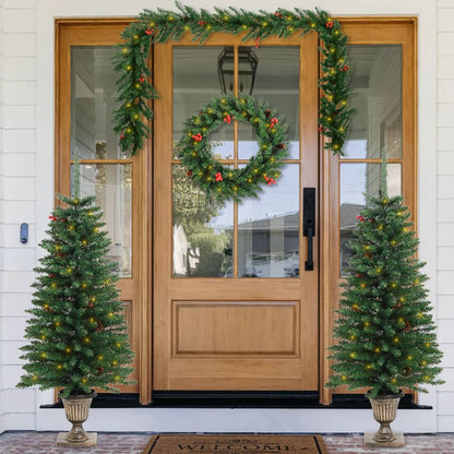 Artificial Christmas Trees 2 pcs with Wreath Garland and LEDs - OLBRIT
