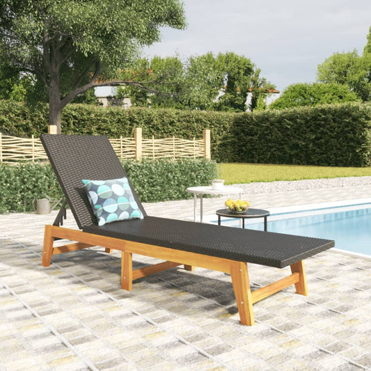 Sun Lounger Black and Brown Poly Rattan & Solid Wood Acacia - OLBRIT