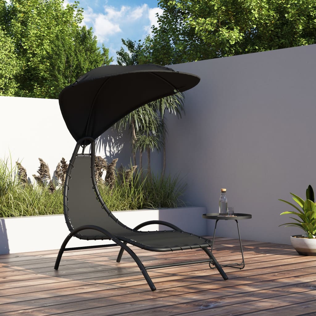 Sun Lounger with Canopy Black 167x80x195 cm Fabric and Steel - OLBRIT