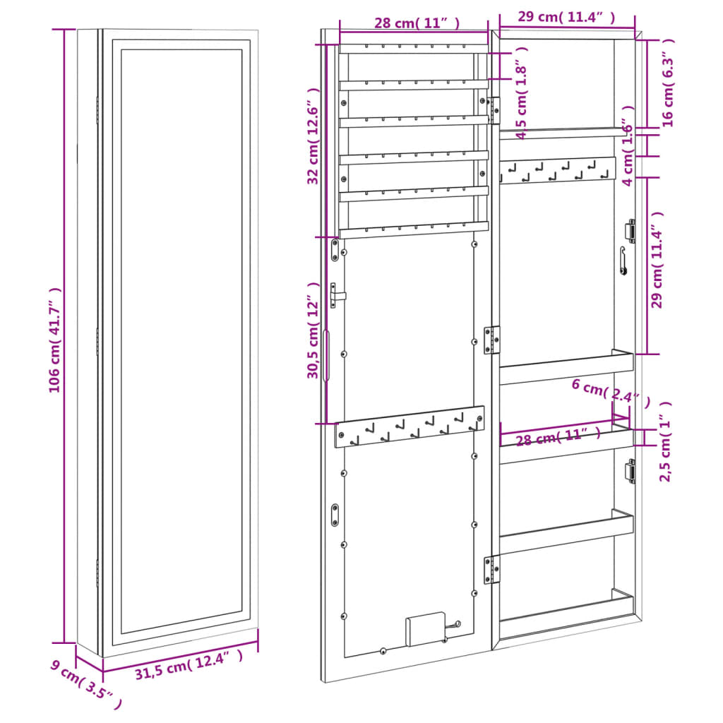 Mirror Jewellery Cabinet with LED Lights Wall Mounted White - OLBRIT