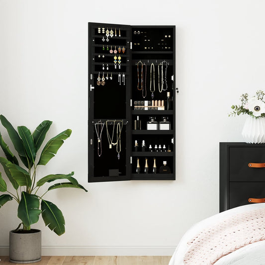 Mirror Jewellery Cabinet with LED Lights Wall Mounted Black - OLBRIT