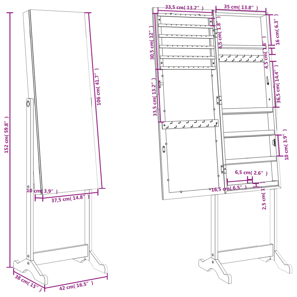 Mirror Jewellery Cabinet Free Standing 42x38x152 cm - OLBRIT