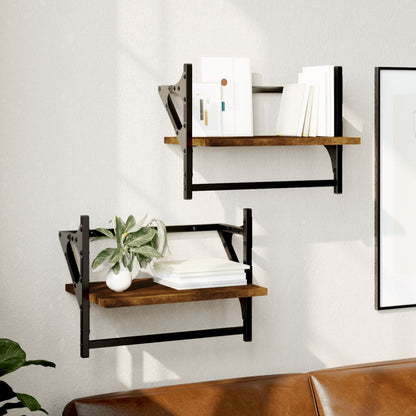 Wall Shelves with Bars 2 pcs Smoked Oak 40x25x30 cm - OLBRIT