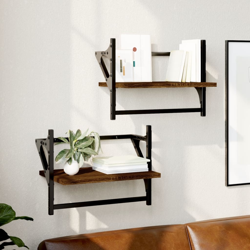 Wall Shelves with Bars 2 pcs Brown Oak 40x25x30 cm - OLBRIT