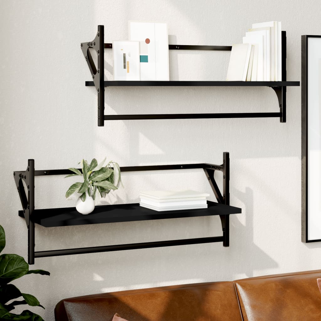 Wall Shelves with Bars 2 pcs Black 65x25x30 cm - OLBRIT