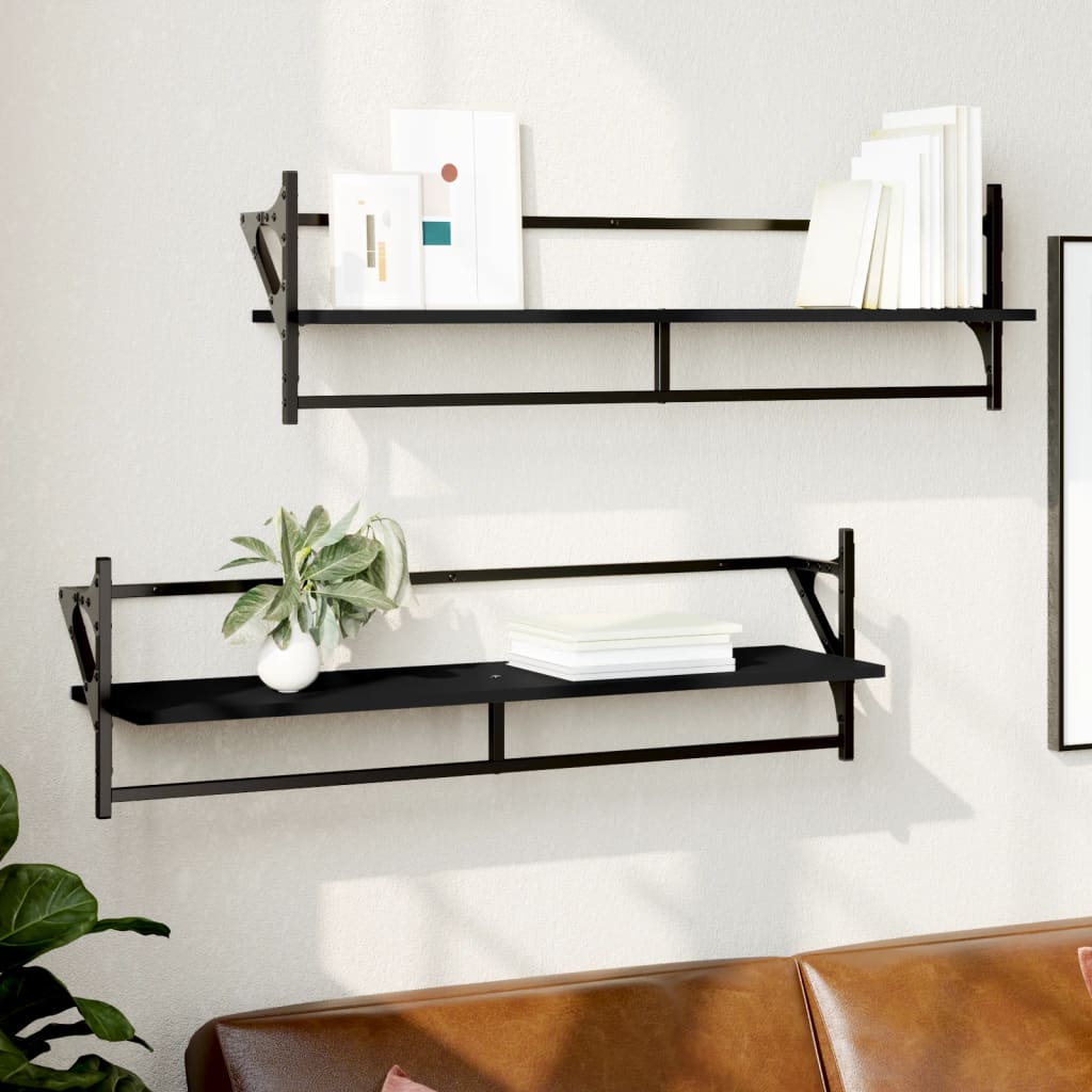 Wall Shelves with Bars 2 pcs Black 100x25x30 cm - OLBRIT