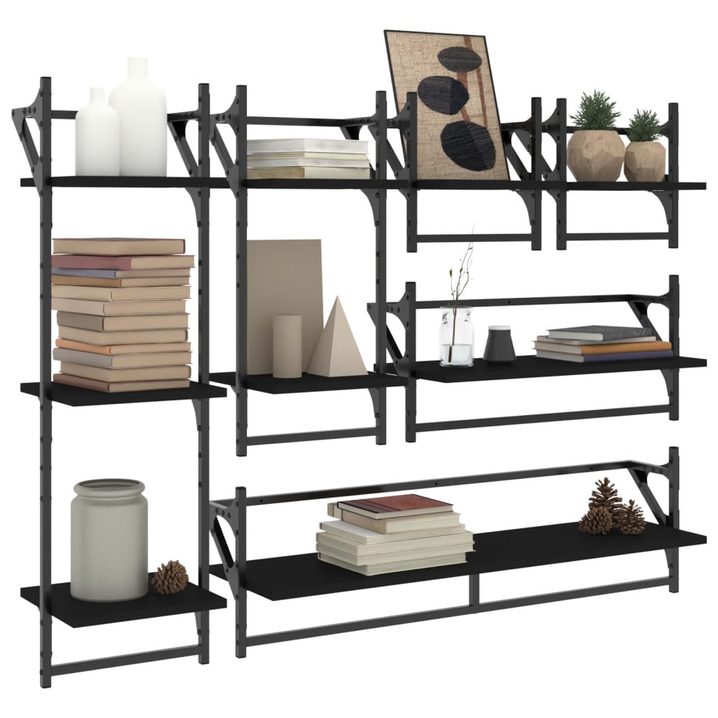6 Piece Wall Shelf Set with Bars Black Engineered Wood - OLBRIT