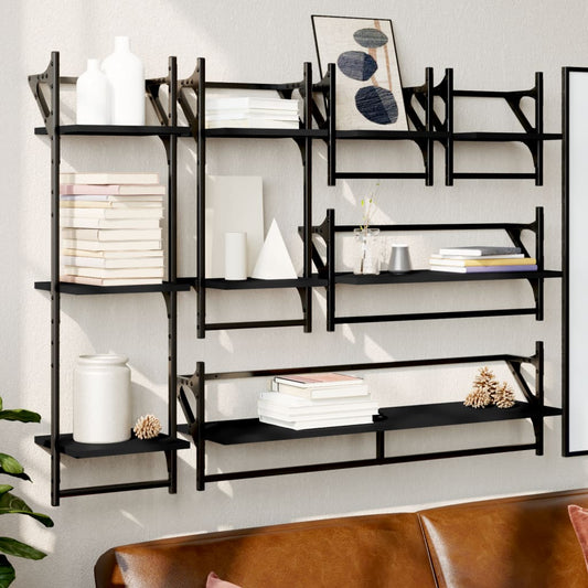 6 Piece Wall Shelf Set with Bars Black Engineered Wood - OLBRIT