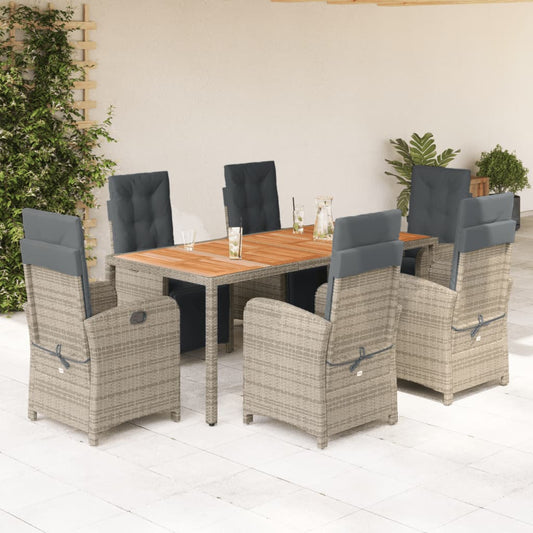 7 Piece Garden Dining Set with Cushions Grey Poly Rattan - OLBRIT