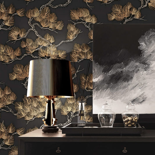 Wallpaper Pine Tree Black and Gold - OLBRIT