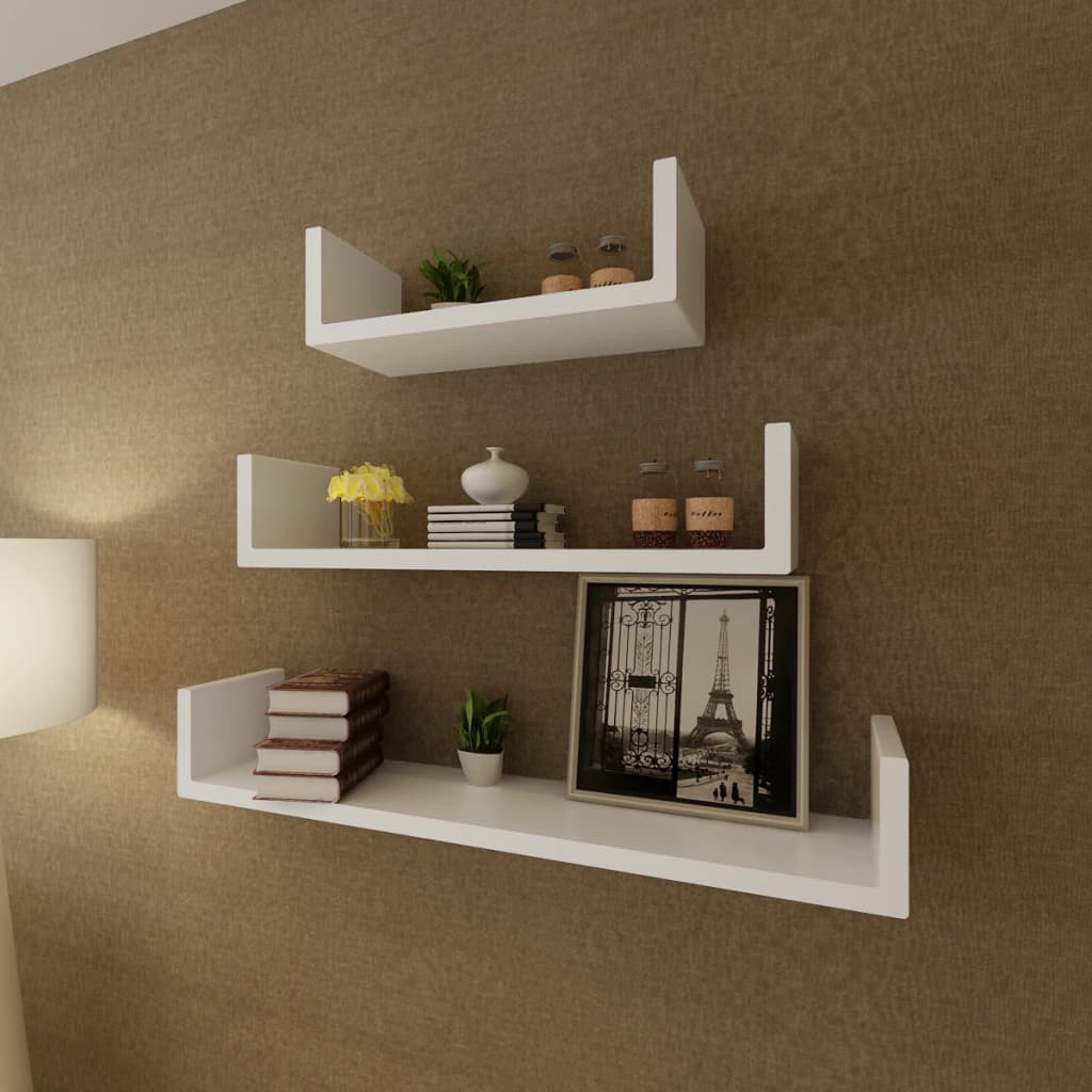 3 White MDF U-shaped Floating Wall Display Shelves Book/DVD Storage - OLBRIT