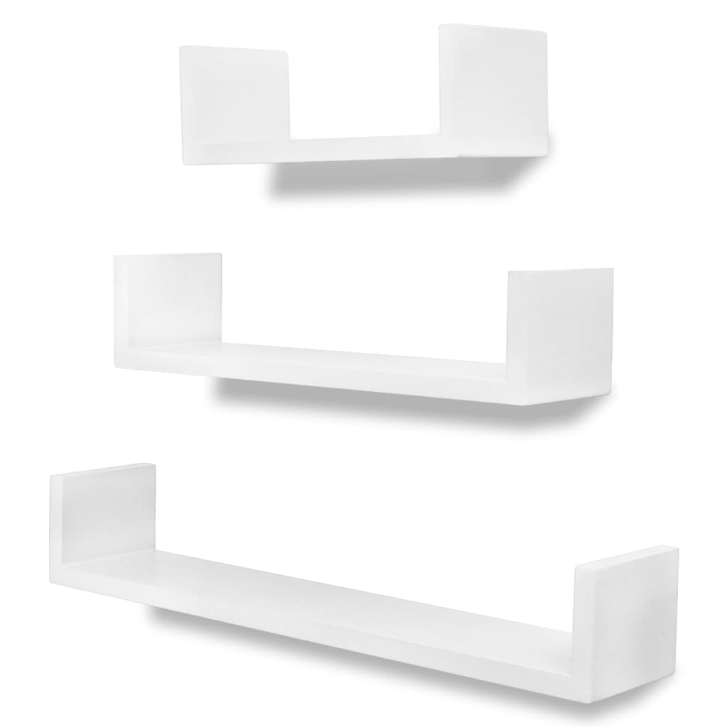3 White MDF U-shaped Floating Wall Display Shelves Book/DVD Storage - OLBRIT