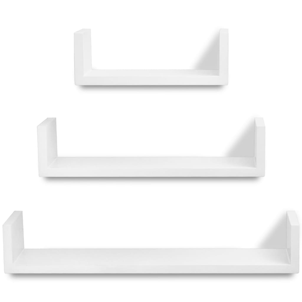 3 White MDF U-shaped Floating Wall Display Shelves Book/DVD Storage - OLBRIT
