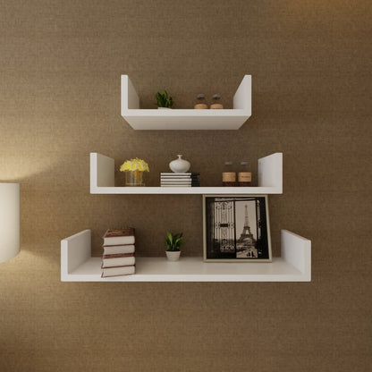 3 White MDF U-shaped Floating Wall Display Shelves Book/DVD Storage - OLBRIT
