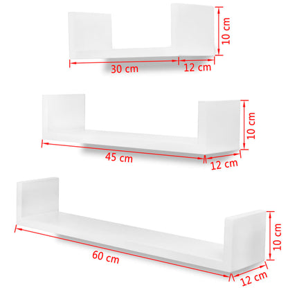 3 White MDF U-shaped Floating Wall Display Shelves Book/DVD Storage - OLBRIT